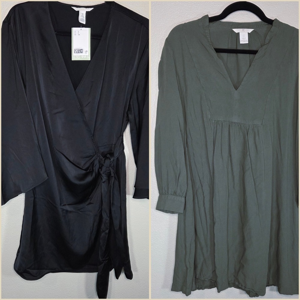 H&M Green V-Neck Babydoll Dress + Black Satin Wrap Dress Bundle Size Small Flowy
